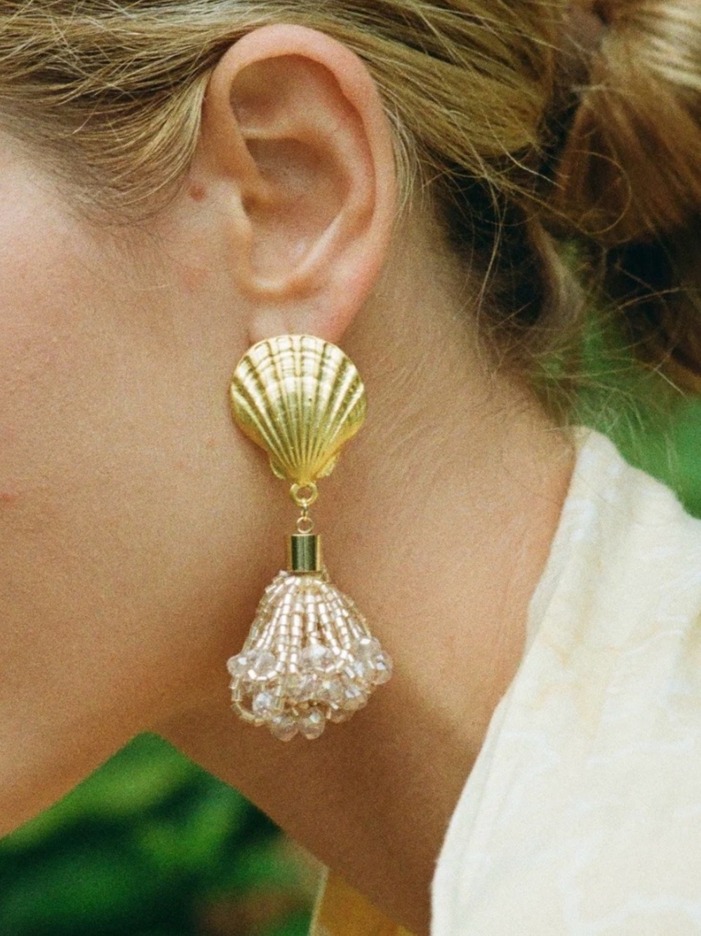 Gold Shell Drop Earrings with Blush Bead Tassel